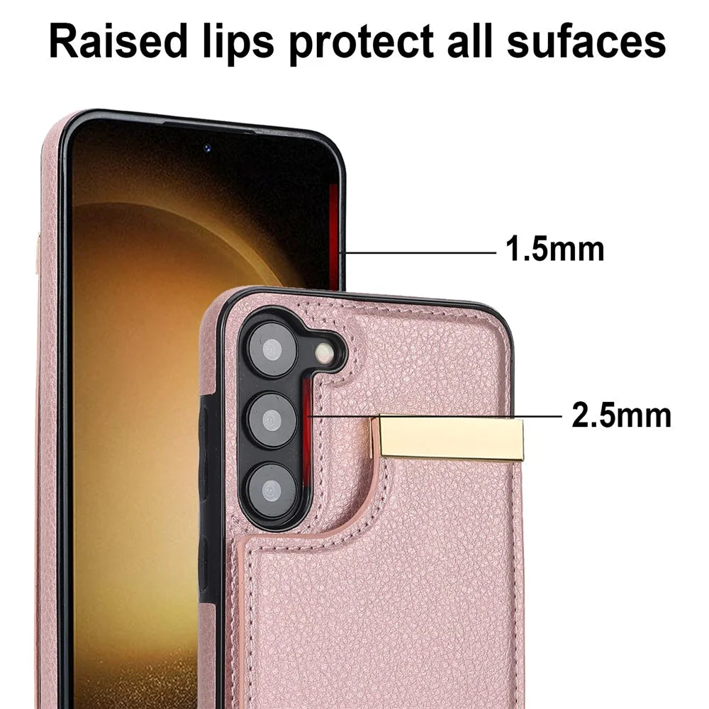 For Samsung Galaxy S23+ Cell Phone Case TPU+PU Leather Card Holder Cover with Hardware Decor - Rose Gold - 6