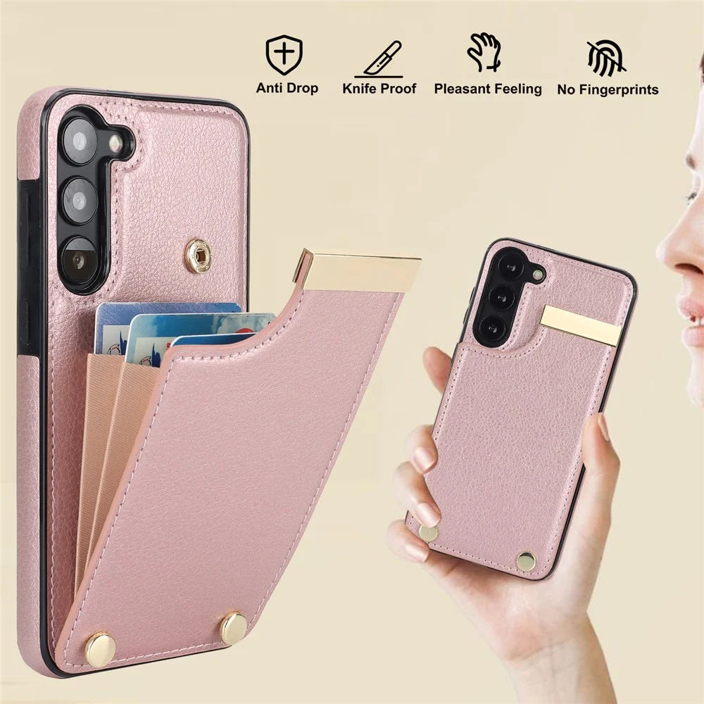 For Samsung Galaxy S23+ Cell Phone Case TPU+PU Leather Card Holder Cover with Hardware Decor - Rose Gold - 7