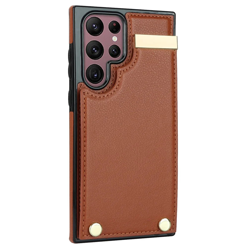 For Samsung Galaxy S24 Ultra Cover Hardware Decor TPU+PU Leather Card Bag Cell Phone Case - Brown - 3