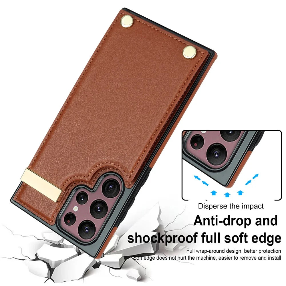 For Samsung Galaxy S24 Ultra Cover Hardware Decor TPU+PU Leather Card Bag Cell Phone Case - Brown - 4