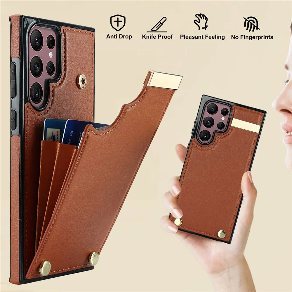 For Samsung Galaxy S24 Ultra Cover Hardware Decor TPU+PU Leather Card Bag Cell Phone Case - Brown - 5