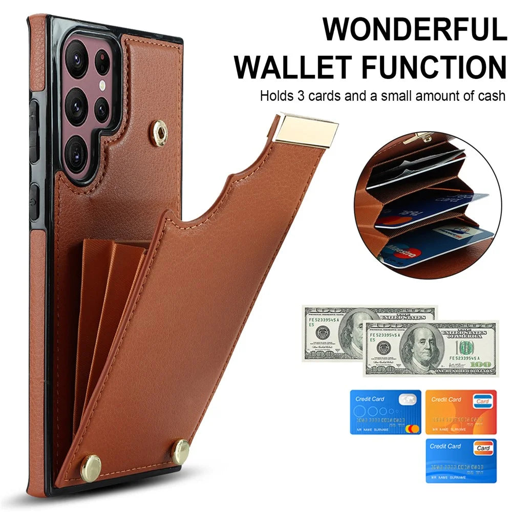 For Samsung Galaxy S24 Ultra Cover Hardware Decor TPU+PU Leather Card Bag Cell Phone Case - Brown - 7