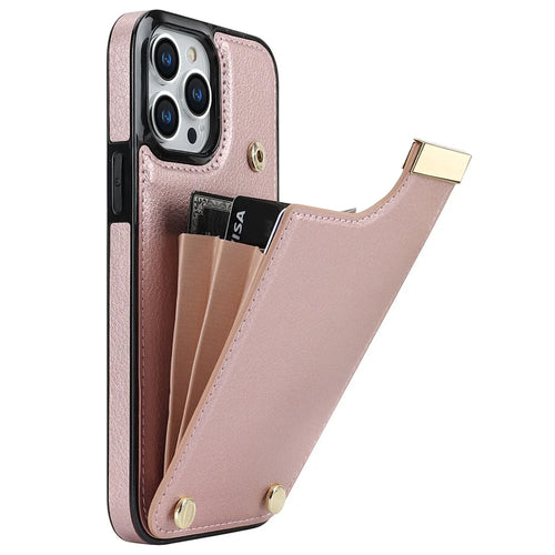 For iPhone 12 Pro Max 6.7 inch Cover Metal Decor TPU+Leather Card Bag Anti-fall Cell Phone Case - Rose Gold - 1