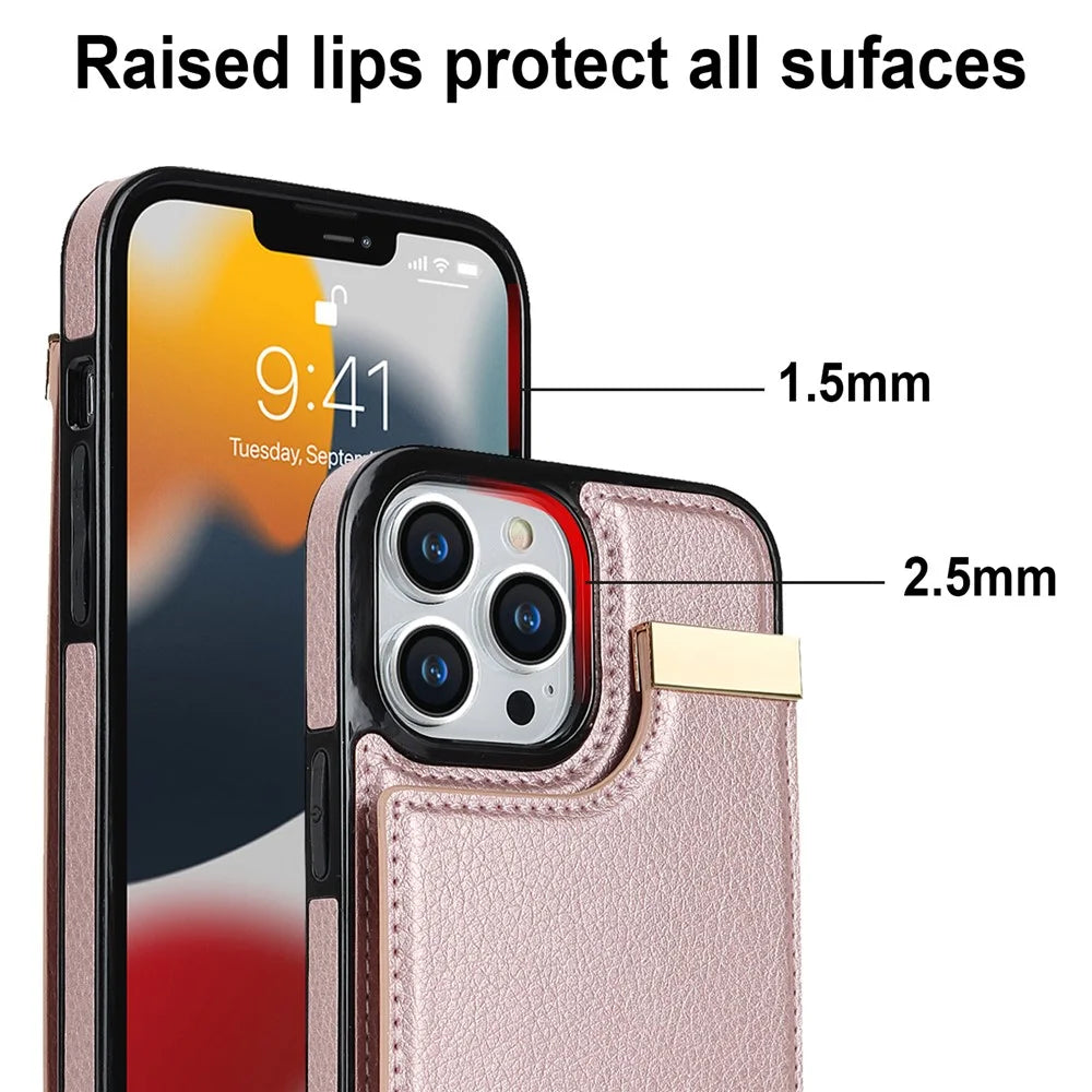 For iPhone 12 Pro Max 6.7 inch Cover Metal Decor TPU+Leather Card Bag Anti-fall Cell Phone Case - Rose Gold - 6