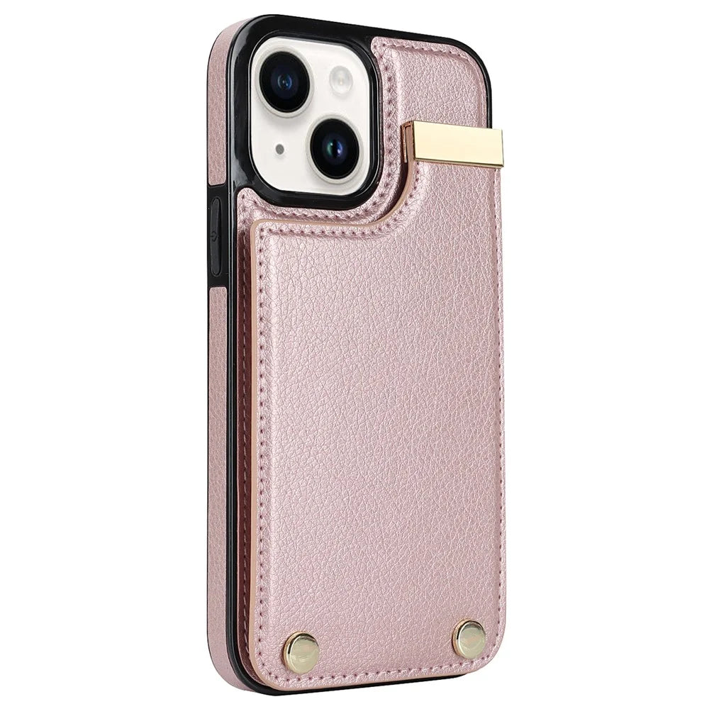 For iPhone 14 Plus Case TPU+PU Leather+Metal Mobile Phone Cover with Card Holder - Rose Gold - 3