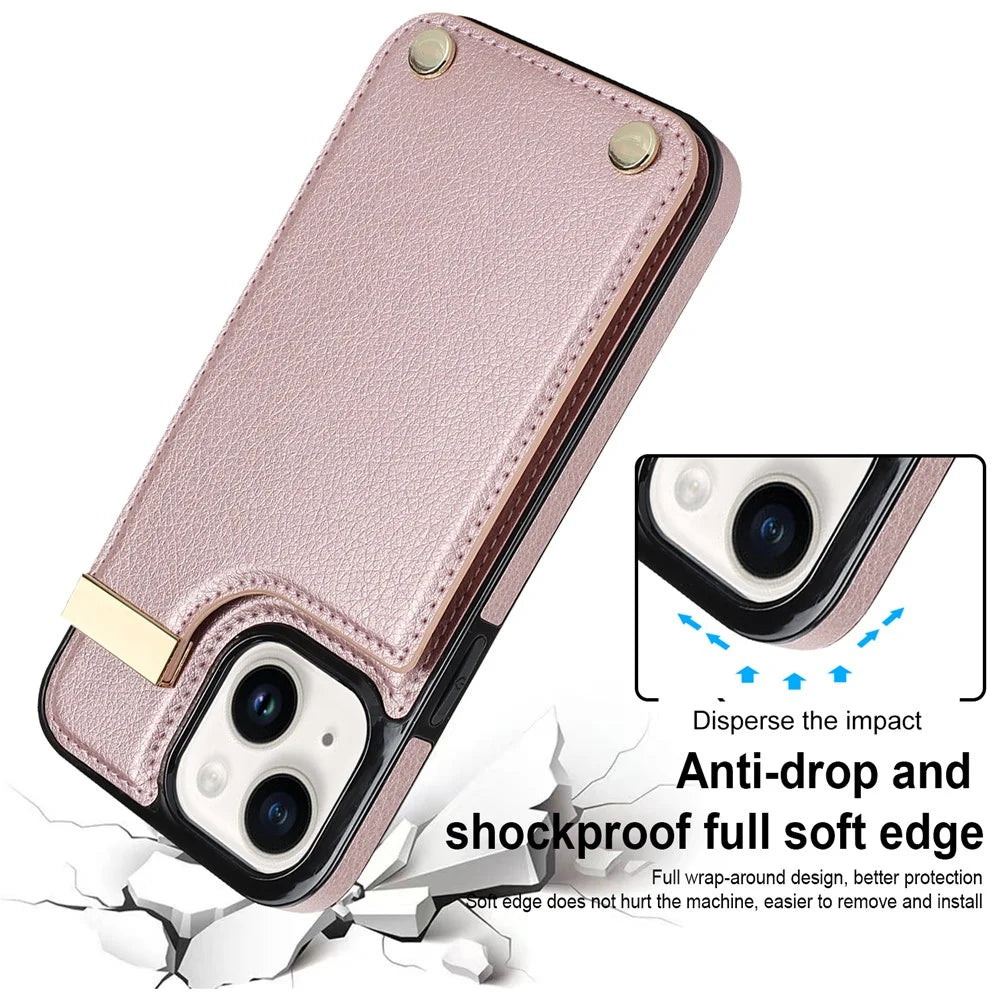 For iPhone 14 Plus Case TPU+PU Leather+Metal Mobile Phone Cover with Card Holder - Rose Gold - 4