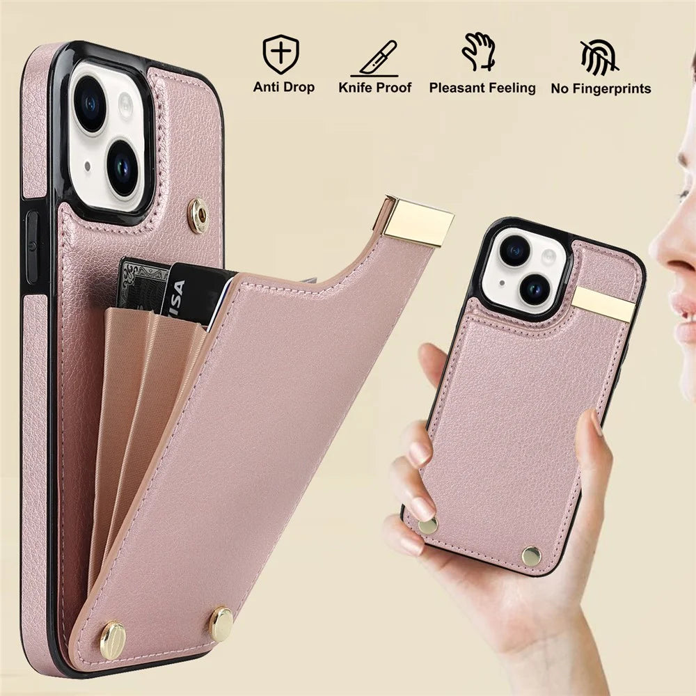 For iPhone 14 Plus Case TPU+PU Leather+Metal Mobile Phone Cover with Card Holder - Rose Gold - 5