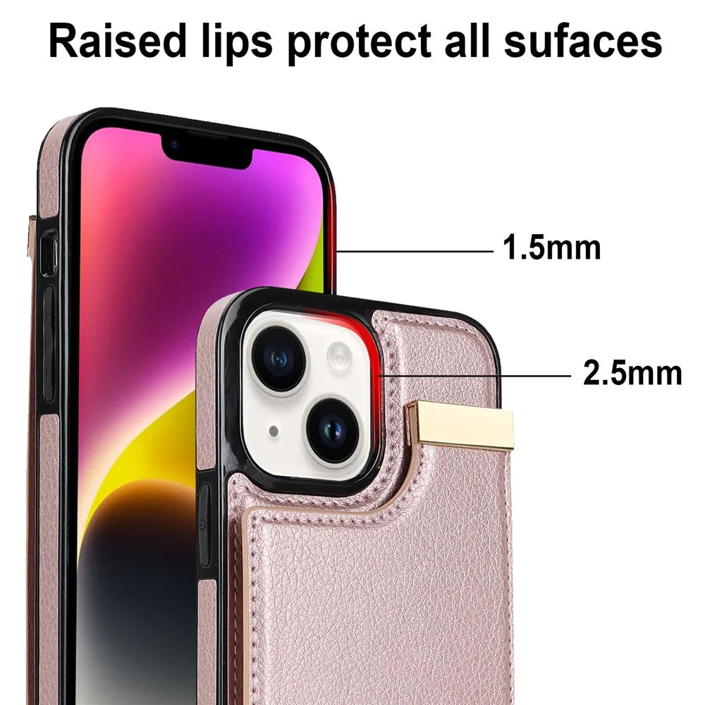 For iPhone 14 Plus Case TPU+PU Leather+Metal Mobile Phone Cover with Card Holder - Rose Gold - 6