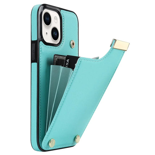 Phone Cover for iPhone 14 Slim-Fit Case TPU+PU Leather+Metal Shell with Card Holder - Mint Green - 1