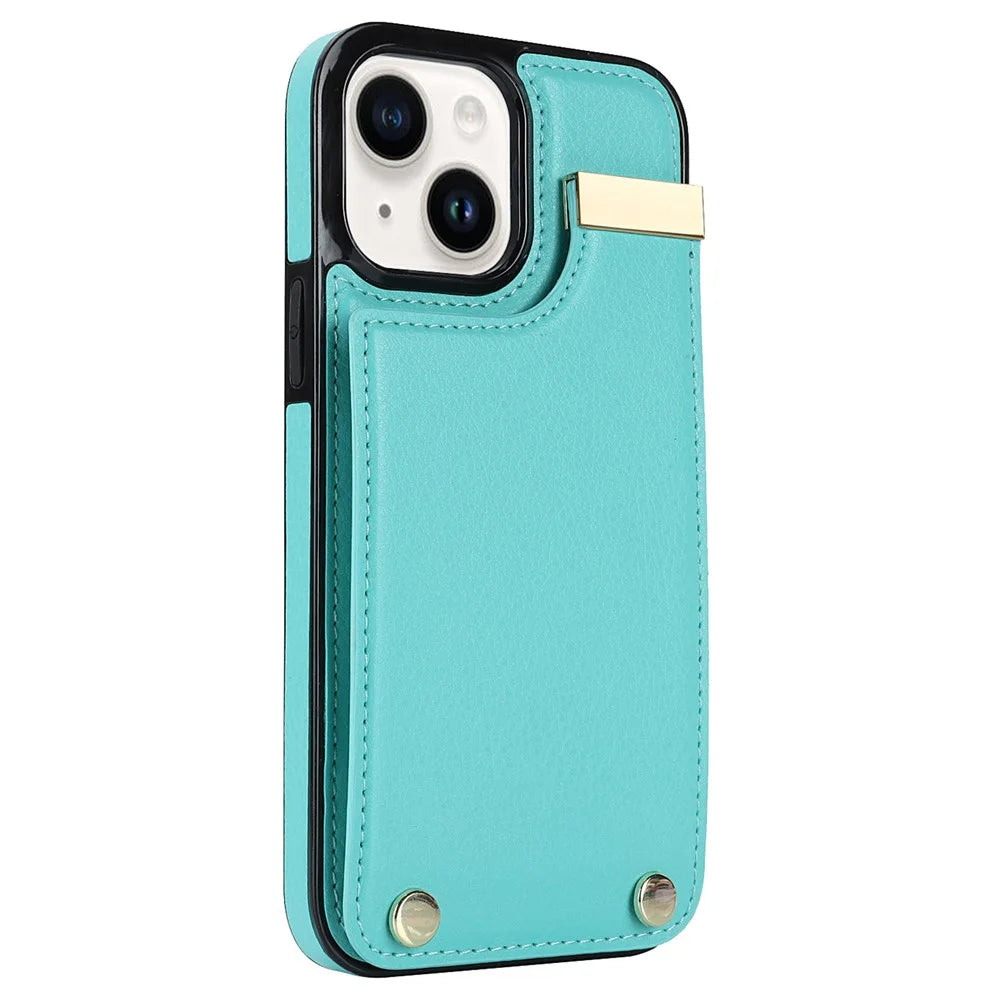 Phone Cover for iPhone 14 Slim-Fit Case TPU+PU Leather+Metal Shell with Card Holder - Mint Green - 3