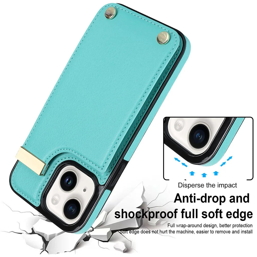 Phone Cover for iPhone 14 Slim-Fit Case TPU+PU Leather+Metal Shell with Card Holder - Mint Green - 4
