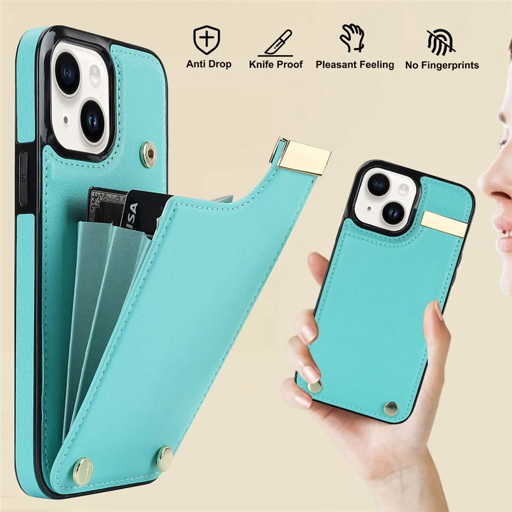Phone Cover for iPhone 14 Slim-Fit Case TPU+PU Leather+Metal Shell with Card Holder - Mint Green - 5