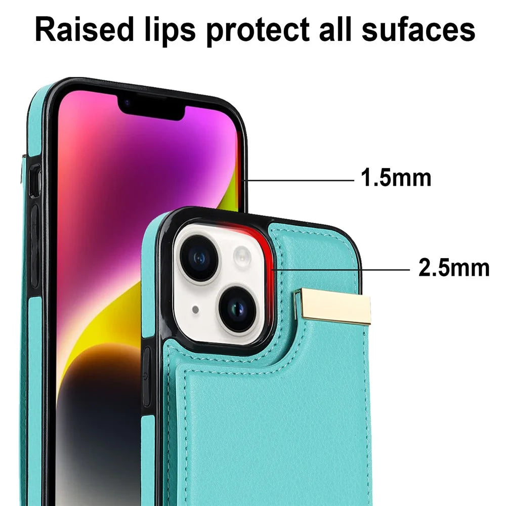 Phone Cover for iPhone 14 Slim-Fit Case TPU+PU Leather+Metal Shell with Card Holder - Mint Green - 6