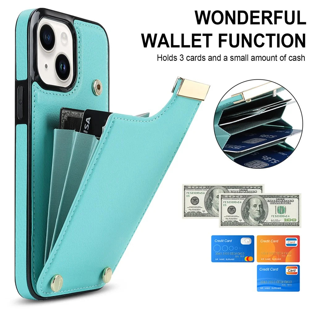 Phone Cover for iPhone 14 Slim-Fit Case TPU+PU Leather+Metal Shell with Card Holder - Mint Green - 7