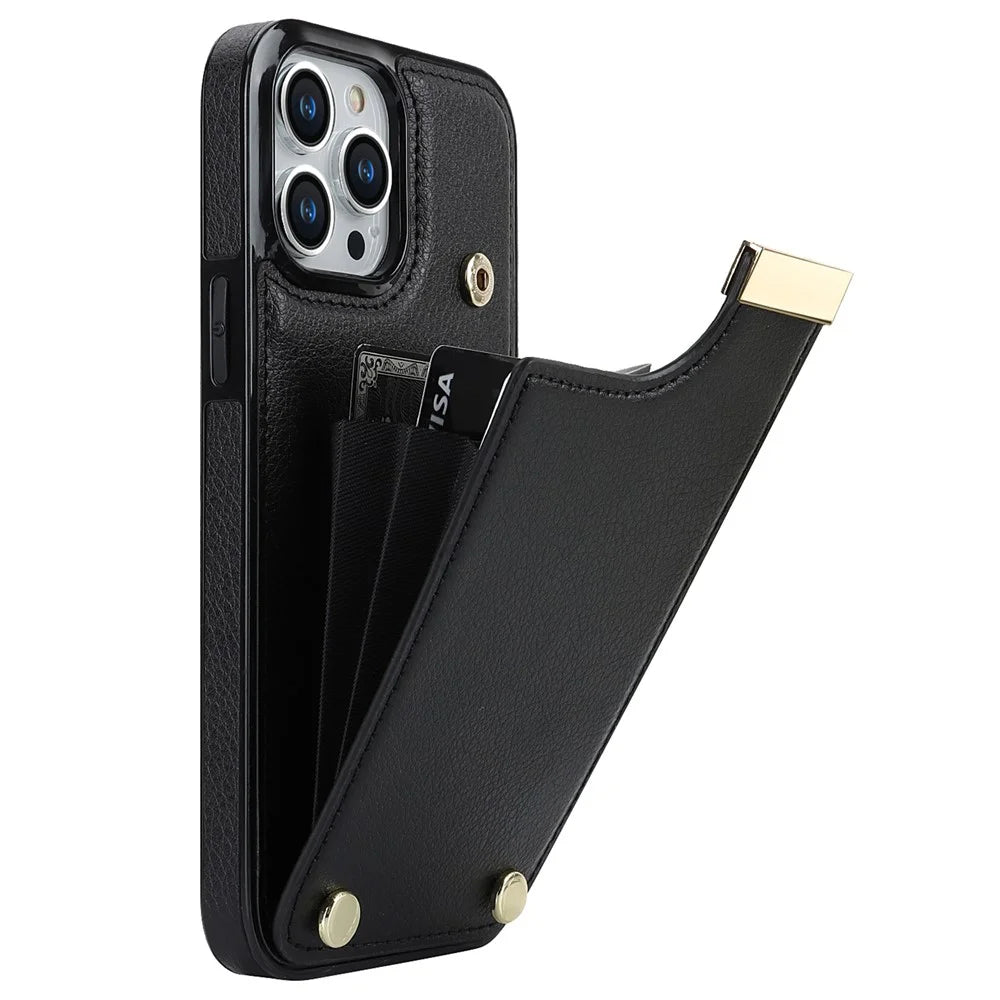 For iPhone 15 Pro Cell Phone Case TPU+PU Leather+Metal Phone Cover with Card Holder - Black - 1