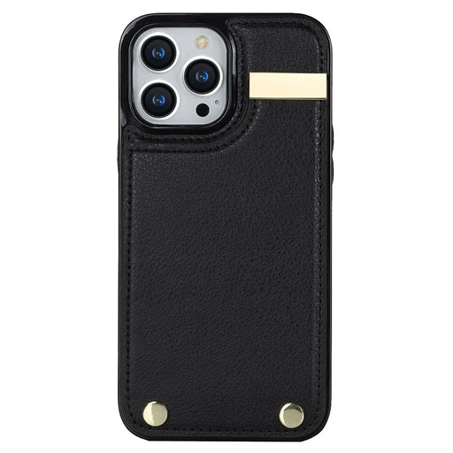 For iPhone 15 Pro Cell Phone Case TPU+PU Leather+Metal Phone Cover with Card Holder - Black - 2