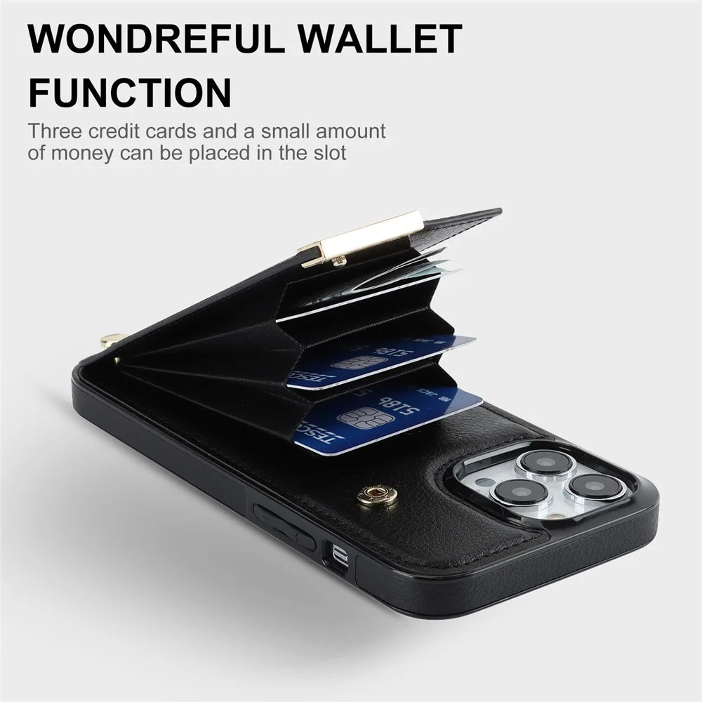 For iPhone 15 Pro Cell Phone Case TPU+PU Leather+Metal Phone Cover with Card Holder - Black - 4