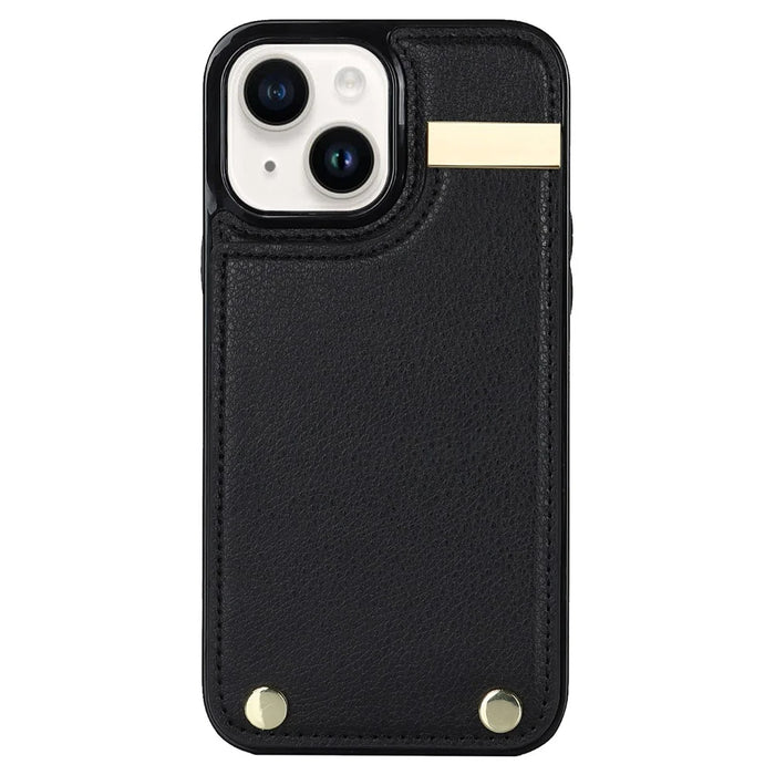 For iPhone 15 Case Card Holder TPU+PU Leather+Metal Hardware Mobile Phone Cover - Black - 2