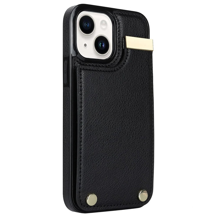 For iPhone 15 Case Card Holder TPU+PU Leather+Metal Hardware Mobile Phone Cover - Black - 3