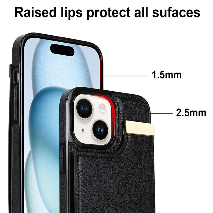 For iPhone 15 Case Card Holder TPU+PU Leather+Metal Hardware Mobile Phone Cover - Black - 6