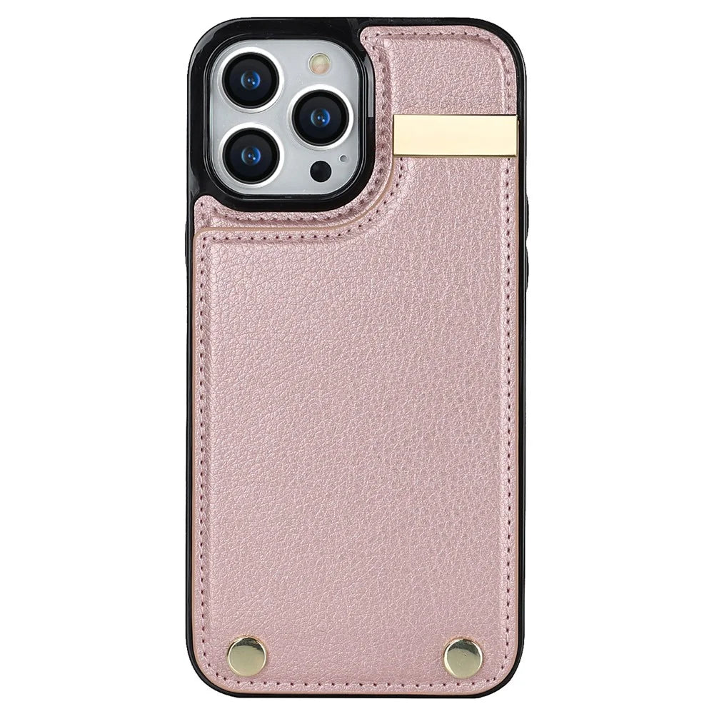 For iPhone 14 Pro Max Phone Case Card Holder TPU+PU Leather+Metal Hardware Phone Cover - Rose Gold - 2