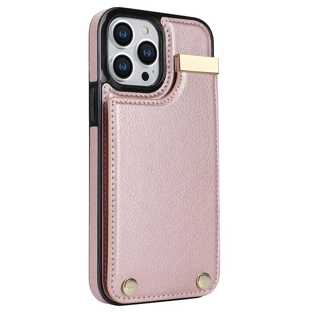 For iPhone 14 Pro Max Phone Case Card Holder TPU+PU Leather+Metal Hardware Phone Cover - Rose Gold - 3