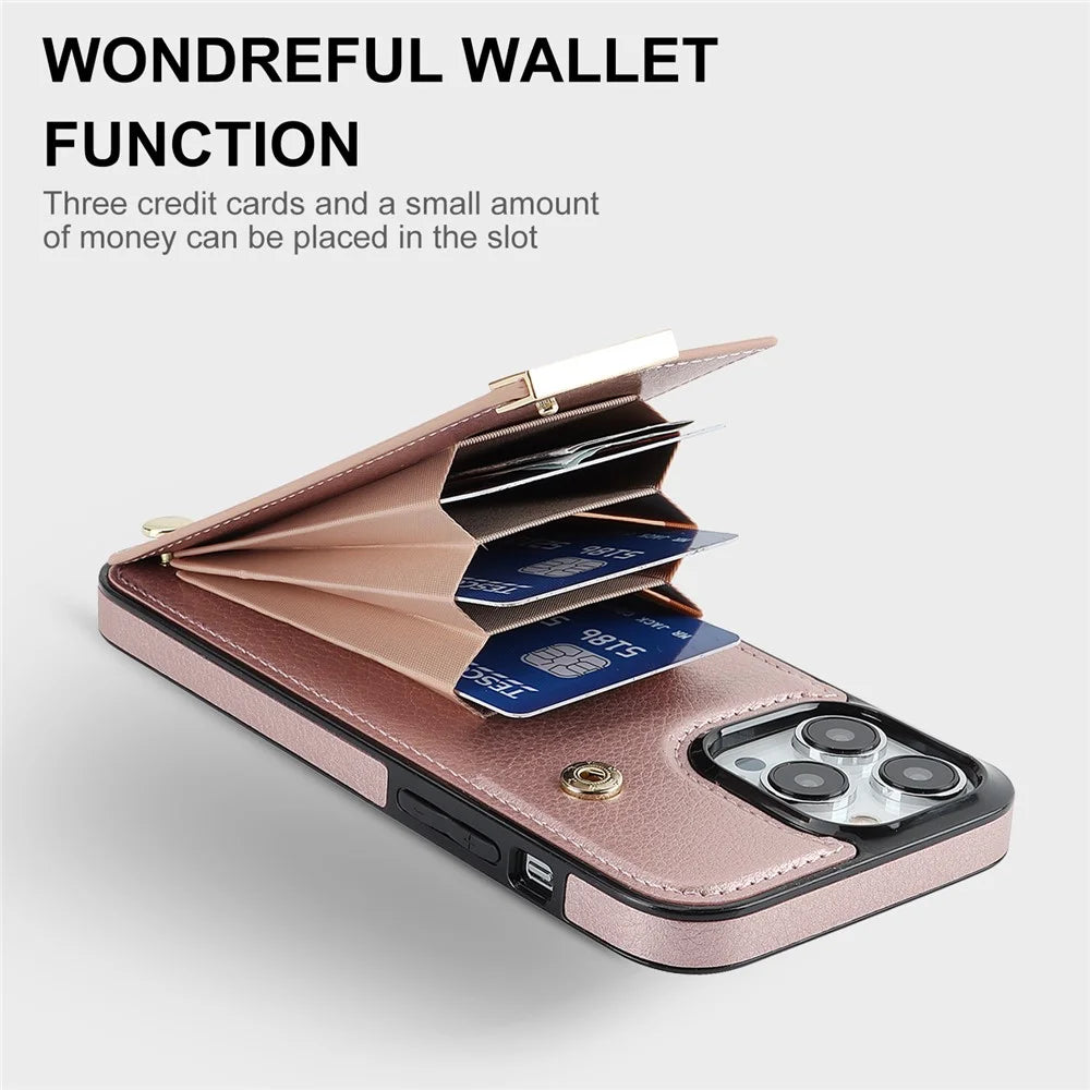 For iPhone 14 Pro Max Phone Case Card Holder TPU+PU Leather+Metal Hardware Phone Cover - Rose Gold - 4