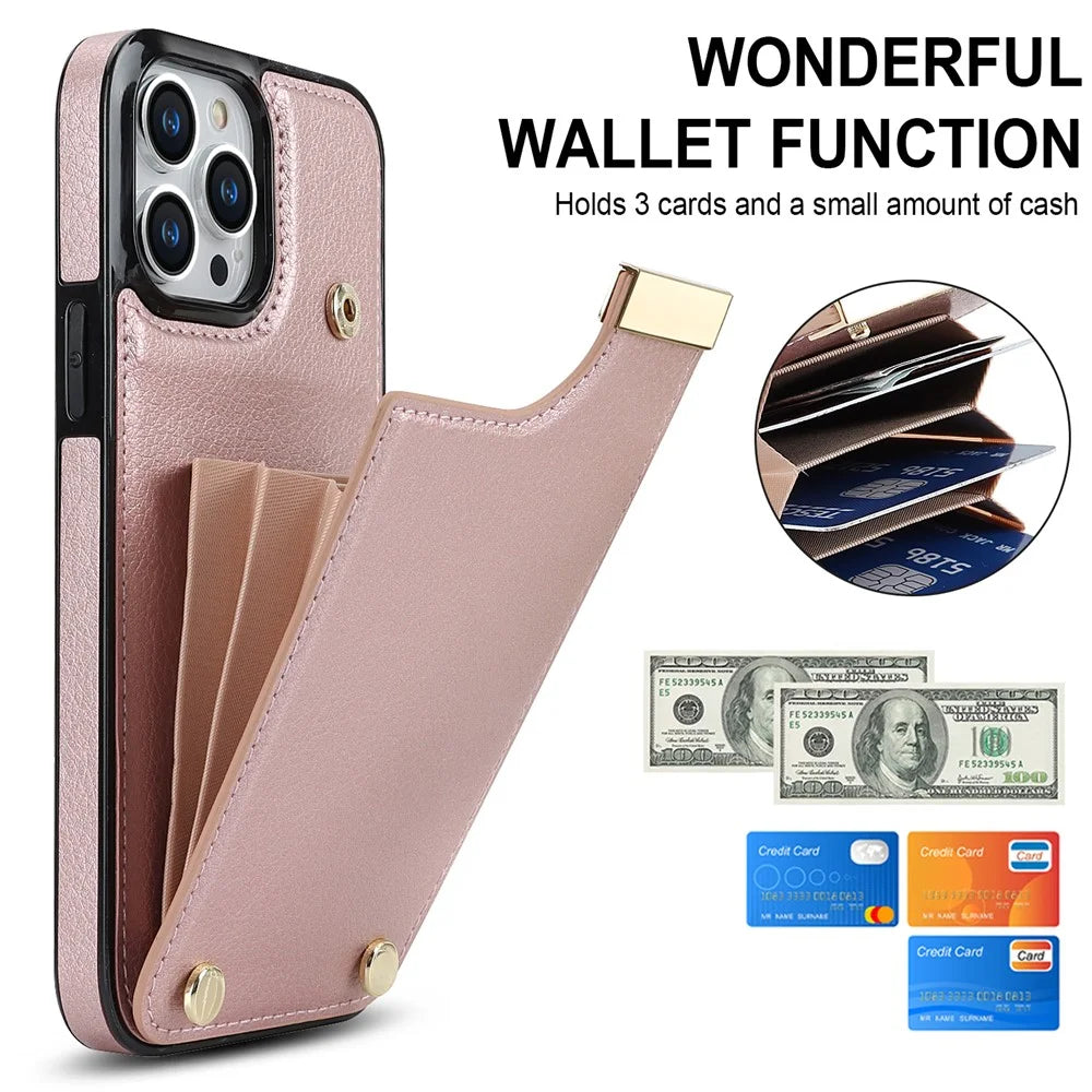 For iPhone 14 Pro Max Phone Case Card Holder TPU+PU Leather+Metal Hardware Phone Cover - Rose Gold - 5