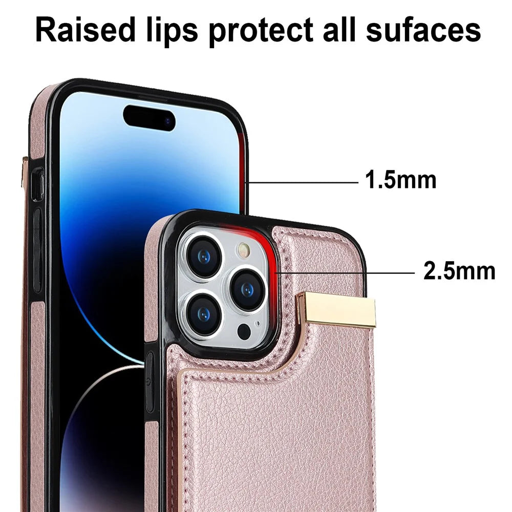 For iPhone 14 Pro Max Phone Case Card Holder TPU+PU Leather+Metal Hardware Phone Cover - Rose Gold - 6