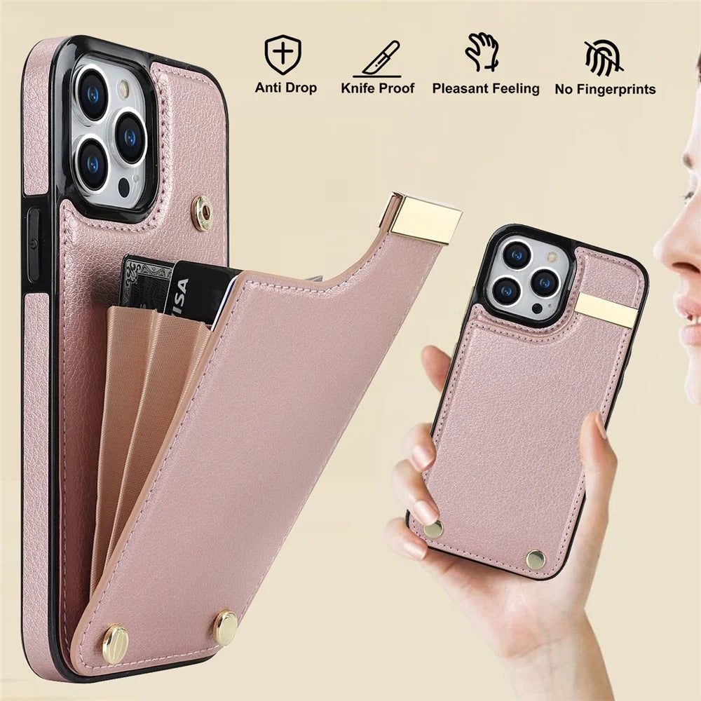 For iPhone 14 Pro Max Phone Case Card Holder TPU+PU Leather+Metal Hardware Phone Cover - Rose Gold - 7