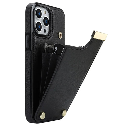 For iPhone 14 Pro Case TPU+PU Leather+Metal Cell Phone Cover with Card Holder - Black - 1