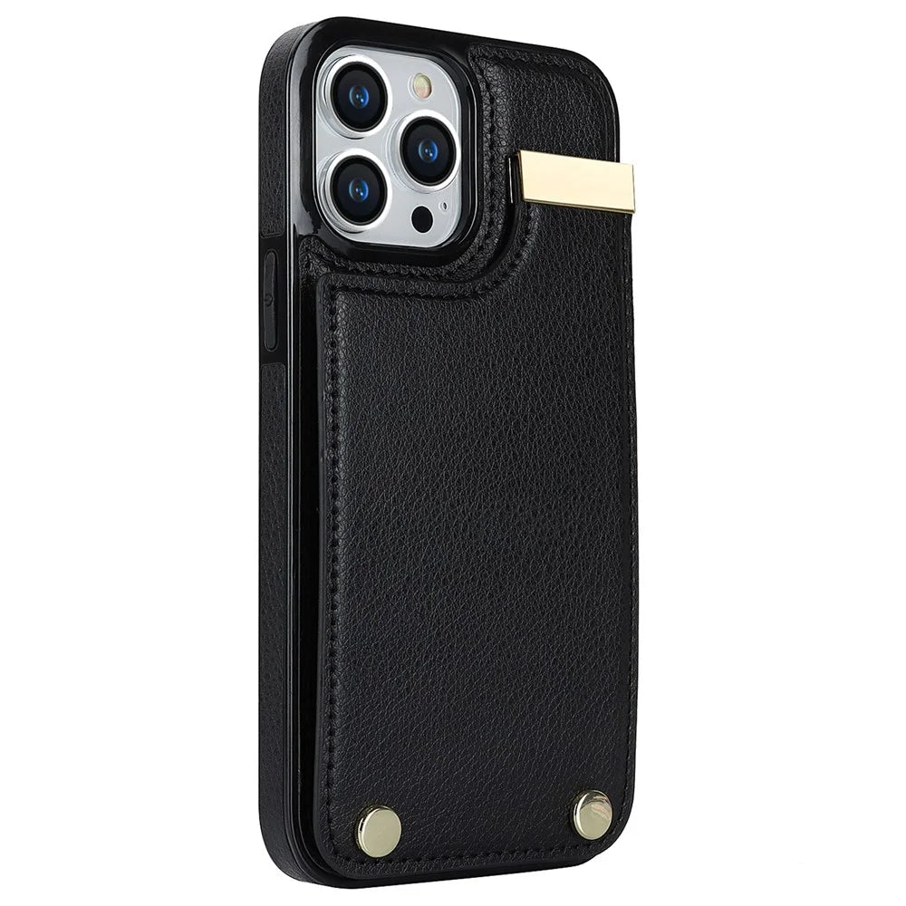 For iPhone 14 Pro Case TPU+PU Leather+Metal Cell Phone Cover with Card Holder - Black - 3