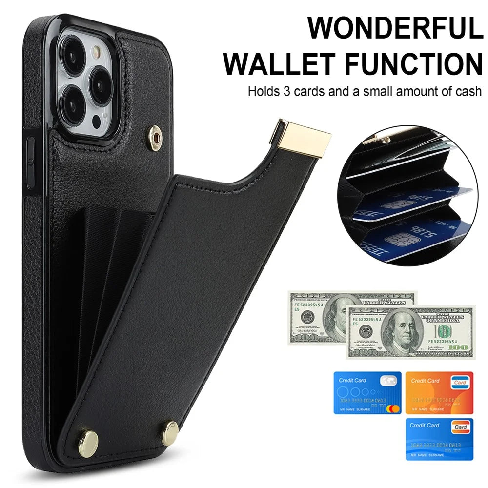 For iPhone 14 Pro Case TPU+PU Leather+Metal Cell Phone Cover with Card Holder - Black - 5