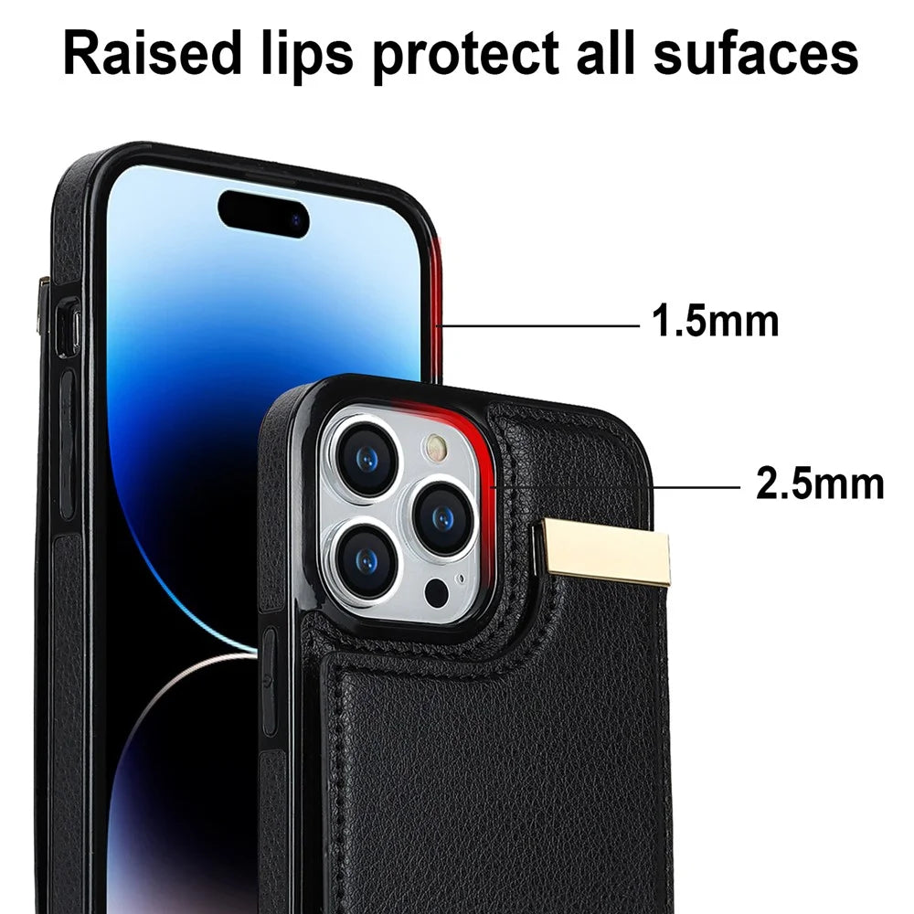 For iPhone 14 Pro Case TPU+PU Leather+Metal Cell Phone Cover with Card Holder - Black - 6