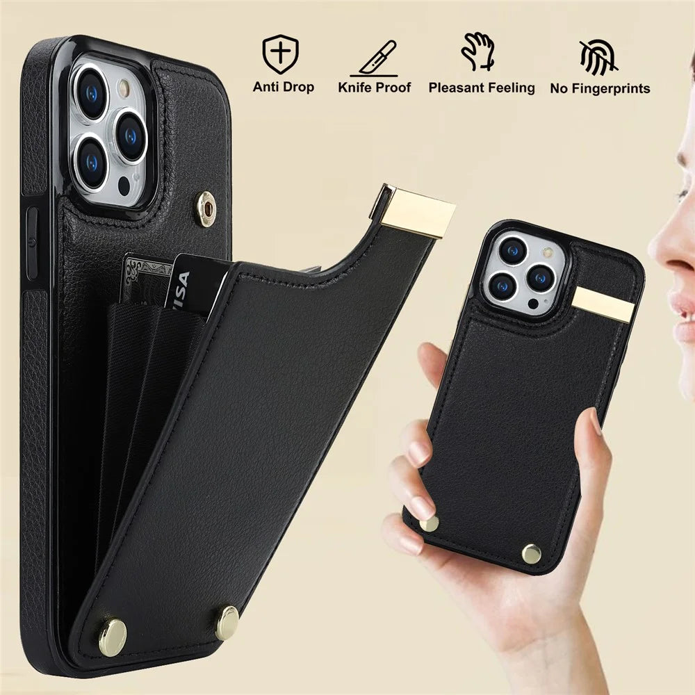 For iPhone 14 Pro Case TPU+PU Leather+Metal Cell Phone Cover with Card Holder - Black - 7