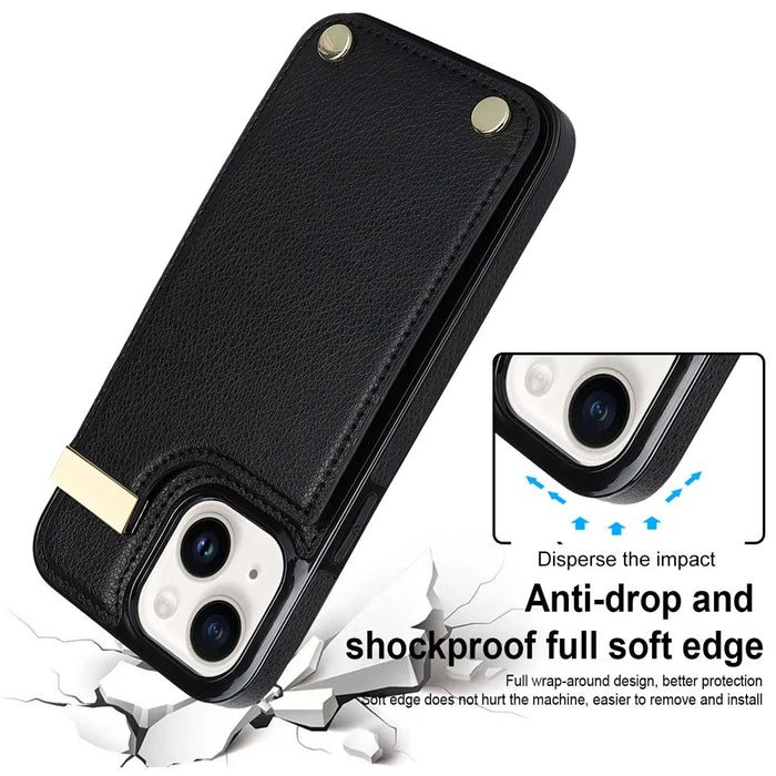 For iPhone 13 Card Holder Phone Case TPU + PU Leather Protective Cover - Black - 4