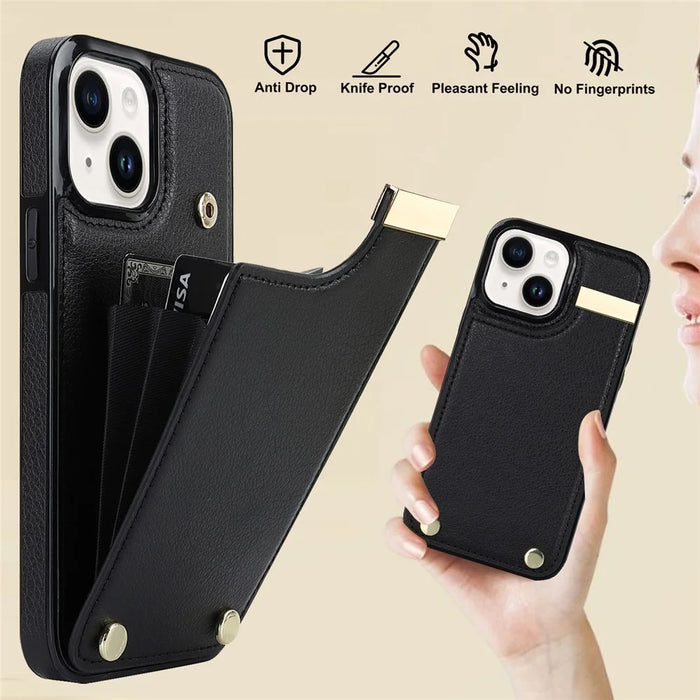 For iPhone 13 Card Holder Phone Case TPU + PU Leather Protective Cover - Black - 5