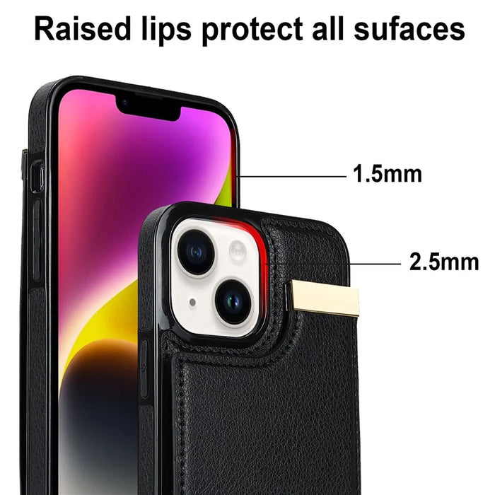 For iPhone 13 Card Holder Phone Case TPU + PU Leather Protective Cover - Black - 6