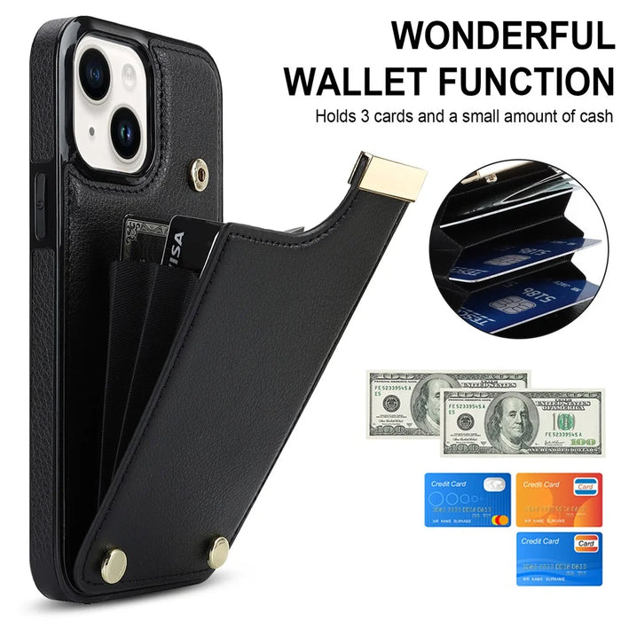 For iPhone 13 Card Holder Phone Case TPU + PU Leather Protective Cover - Black - 7
