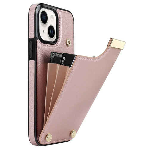 For iPhone 15 Plus Anti-Shock Case TPU+PU Leather+Metal Phone Cover with Card Holder - Rose Gold - 1