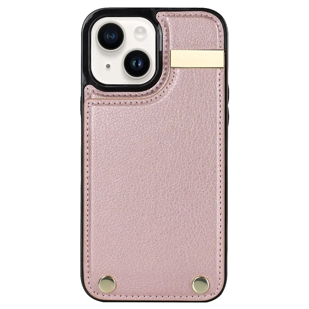 For iPhone 15 Plus Anti-Shock Case TPU+PU Leather+Metal Phone Cover with Card Holder - Rose Gold - 2