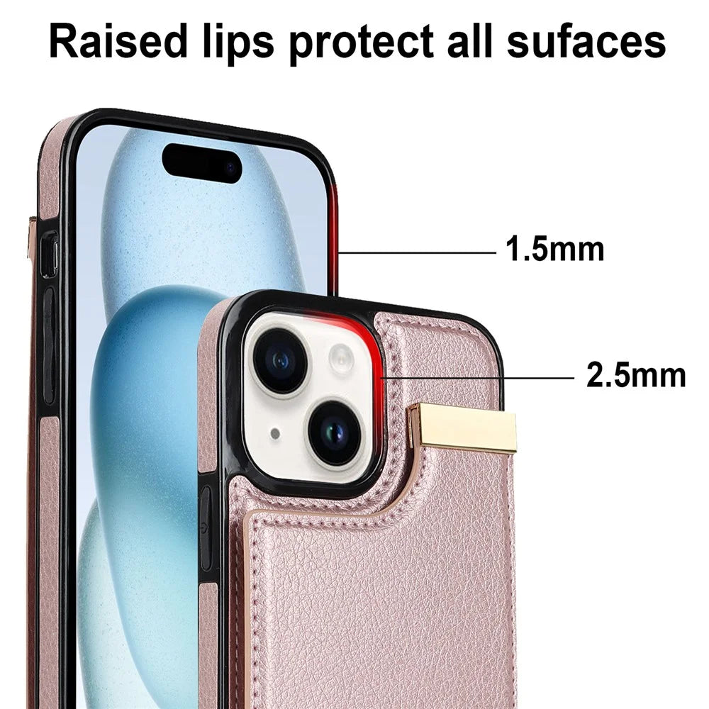 For iPhone 15 Plus Anti-Shock Case TPU+PU Leather+Metal Phone Cover with Card Holder - Rose Gold - 6