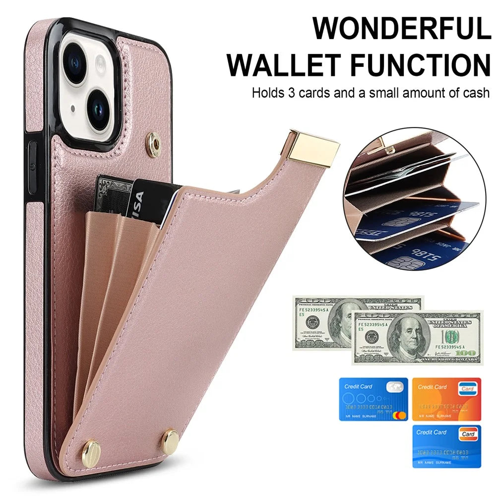 For iPhone 15 Plus Anti-Shock Case TPU+PU Leather+Metal Phone Cover with Card Holder - Rose Gold - 7
