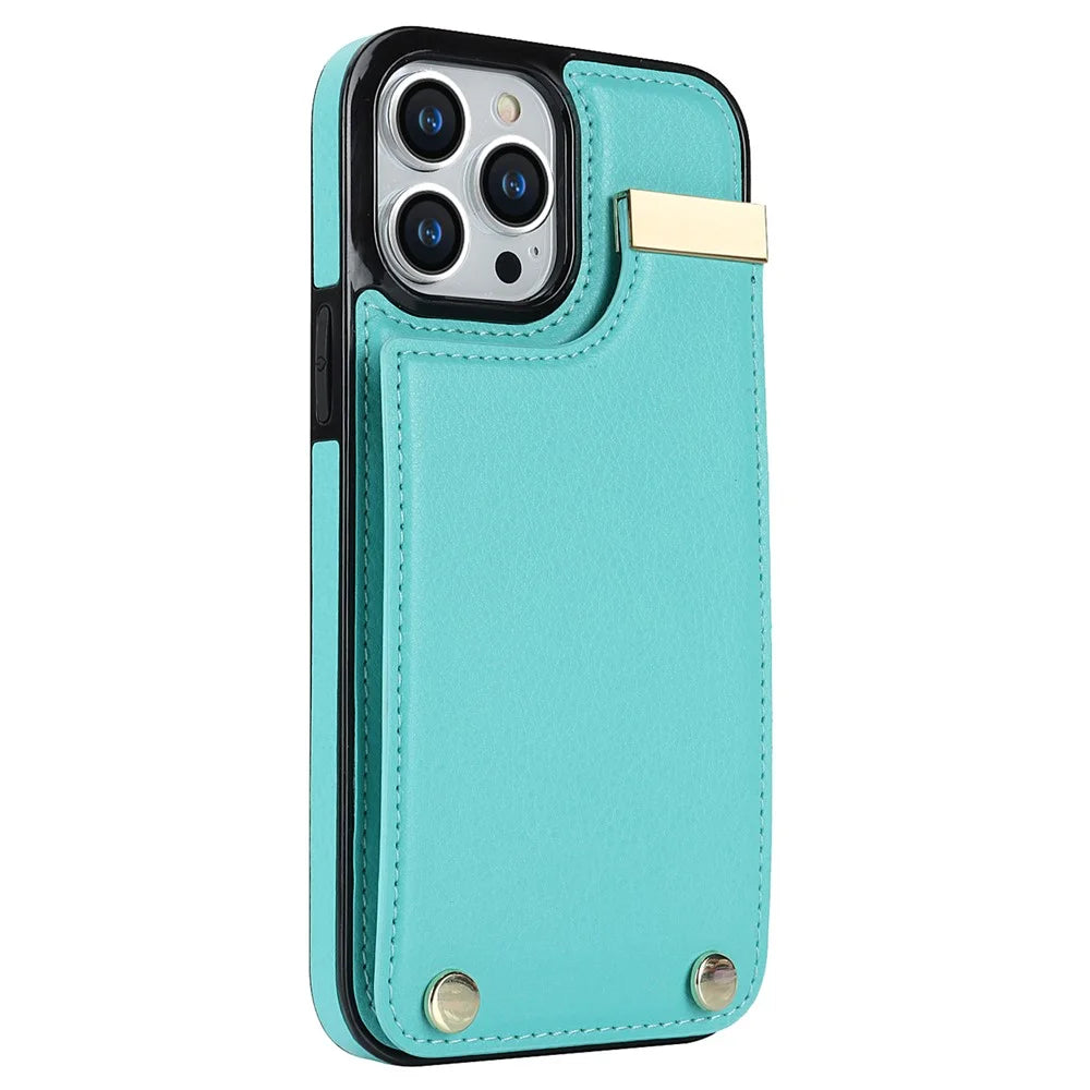 Phone Case for iPhone 13 Pro TPU+PU Leather+Metal Hardware Phone Cover with Card Holder - Mint Green - 3