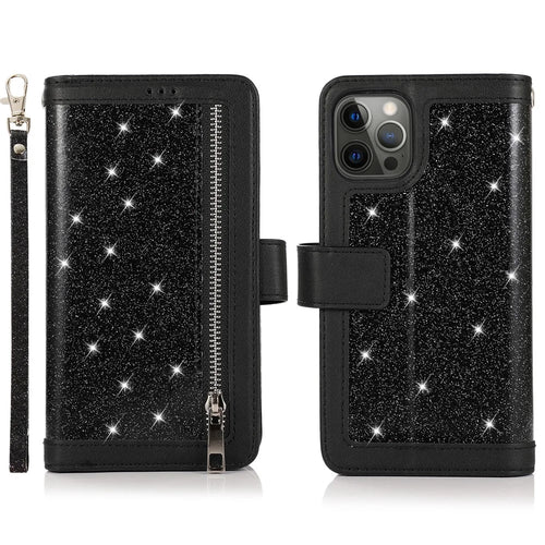 For iPhone 12 / 12 Pro Case Glitter Powder Zipper Pocket 9 Card Holder Leather Cover - Black - 1