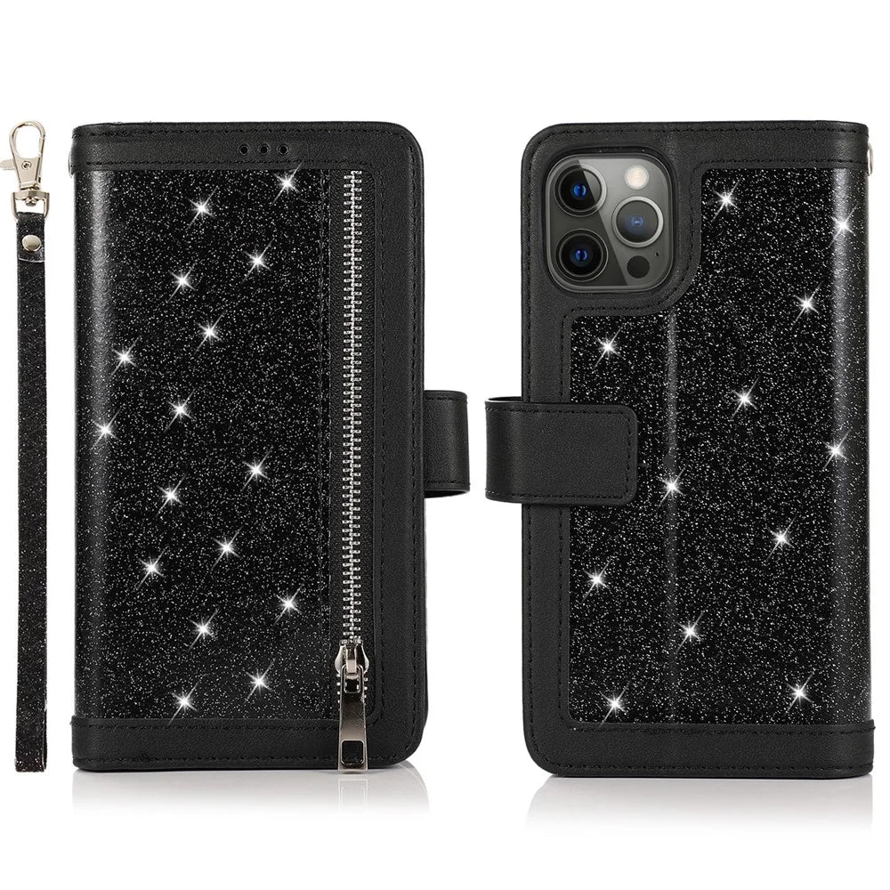 For iPhone 12 / 12 Pro Case Glitter Powder Zipper Pocket 9 Card Holder Leather Cover - Black - 1