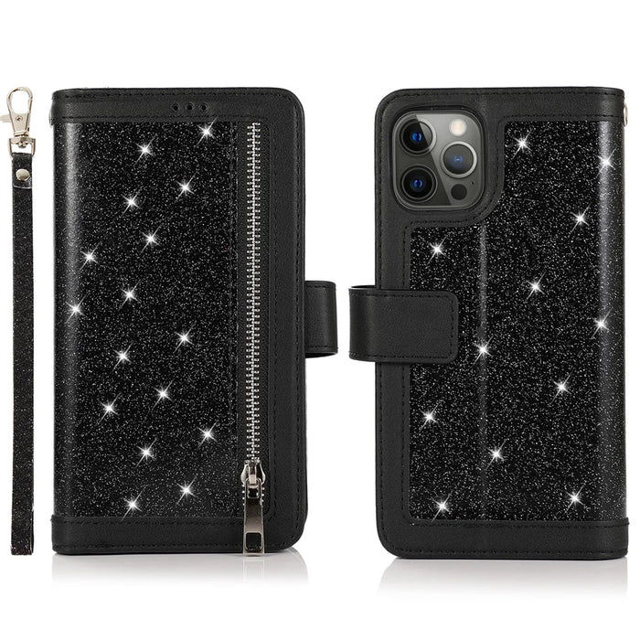 For iPhone 12 / 12 Pro Case Glitter Powder Zipper Pocket 9 Card Holder Leather Cover - Black - 1