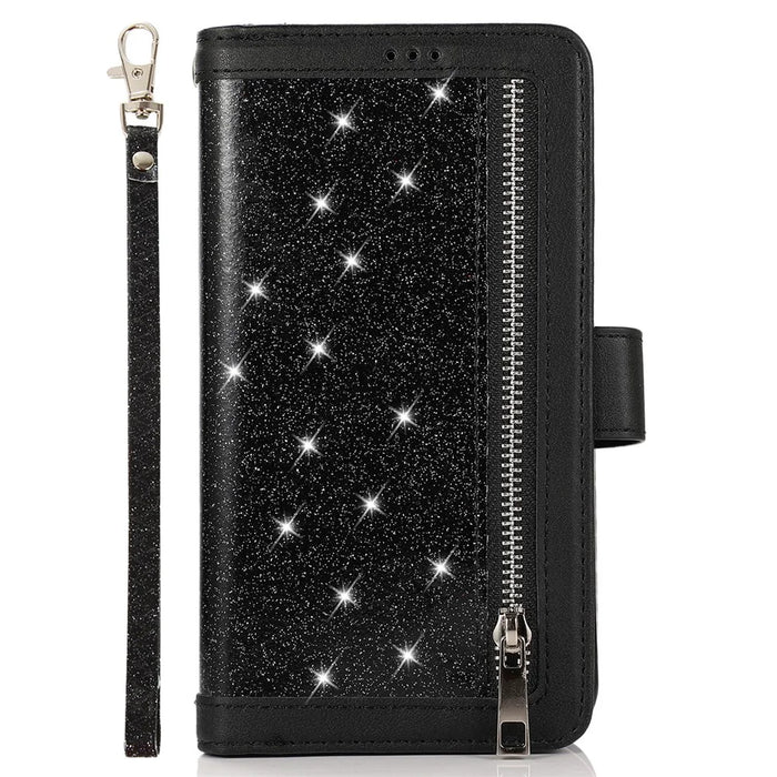 For iPhone 12 / 12 Pro Case Glitter Powder Zipper Pocket 9 Card Holder Leather Cover - Black - 6