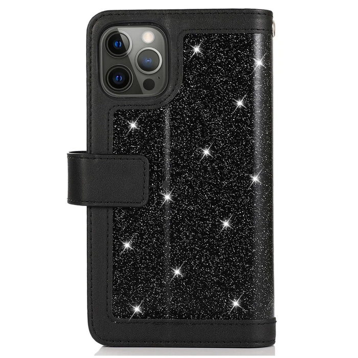 For iPhone 12 / 12 Pro Case Glitter Powder Zipper Pocket 9 Card Holder Leather Cover - Black - 7