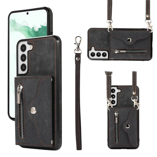 For Samsung Galaxy S21+ 5G Case PU+TPU Card Bag Cell Phone Case with 2 Straps - Black - 1